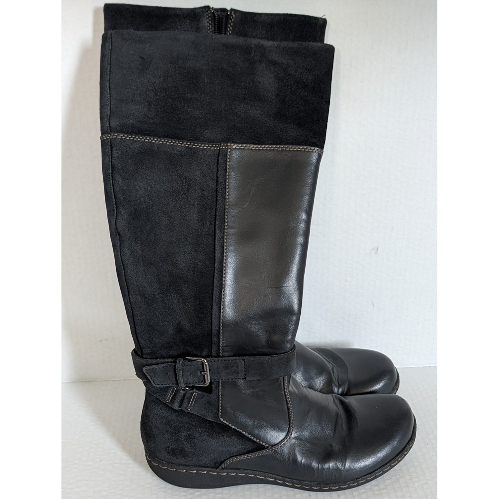 Clarks Women's Black Tall Leather Suede Riding Boots Side Zip Buckle Size 8 M